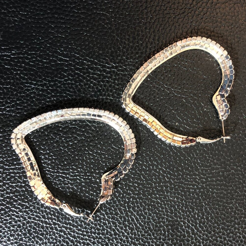 Silver Crystal Rhinestone Heart Hoop Earrings Big Huge 2.25" 2 Row VTG 90s NEW - Picture 8 of 10